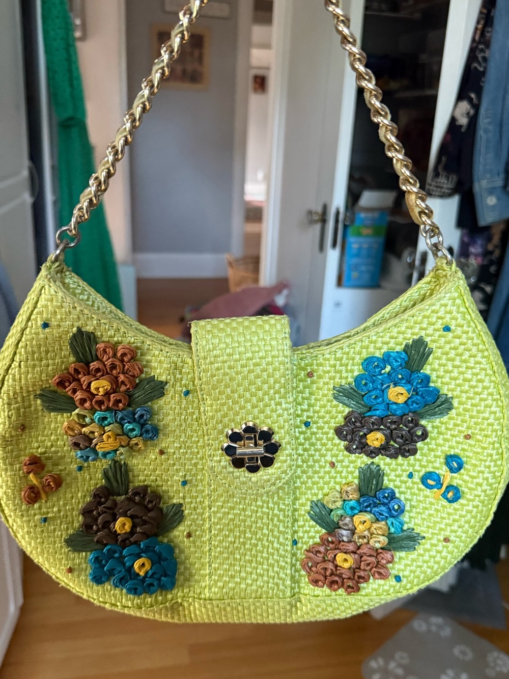 Anthropologie Anna Sui straw woven Green Floral Shoulder Bag